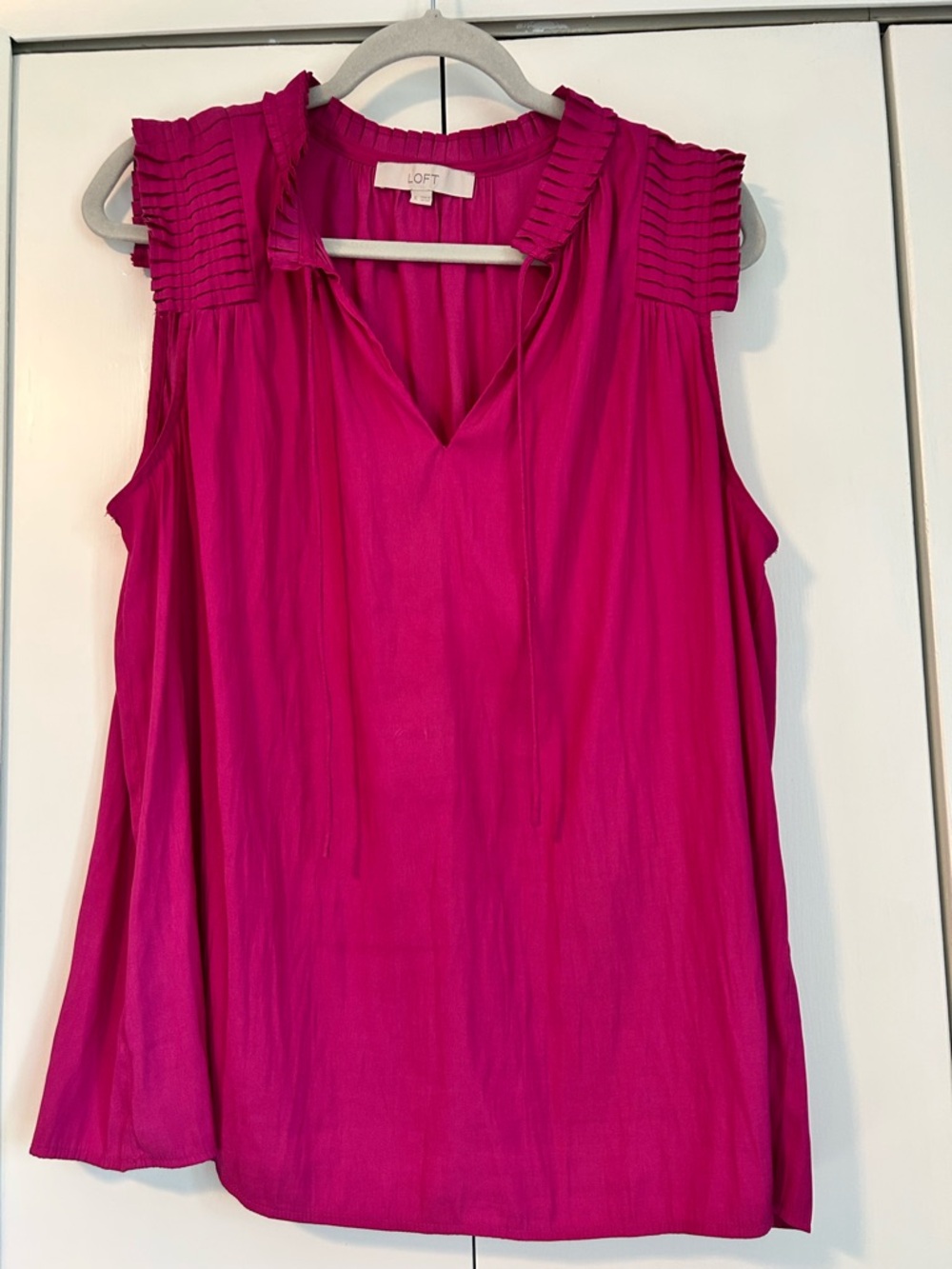 LOFT Bright Pink Sleeveless Pleated Blouse | Ruffle Neck Top